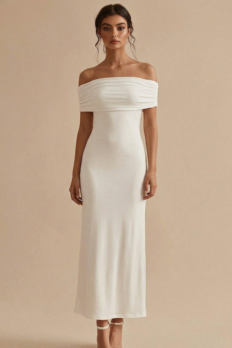 Load image into Gallery viewer, White Sheath Maxi Off the Shoulder Engagement Dress