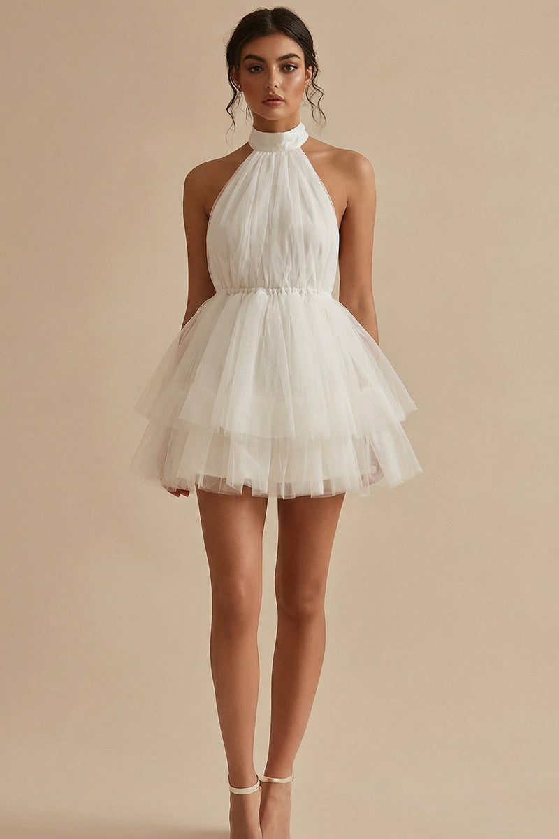 Load image into Gallery viewer, White Short A Line Tulle Round Neck Graduation Dress