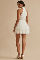 Load image into Gallery viewer, White Short A Line Tulle Round Neck Graduation Dress