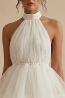 Load image into Gallery viewer, White Short A Line Tulle Round Neck Graduation Dress