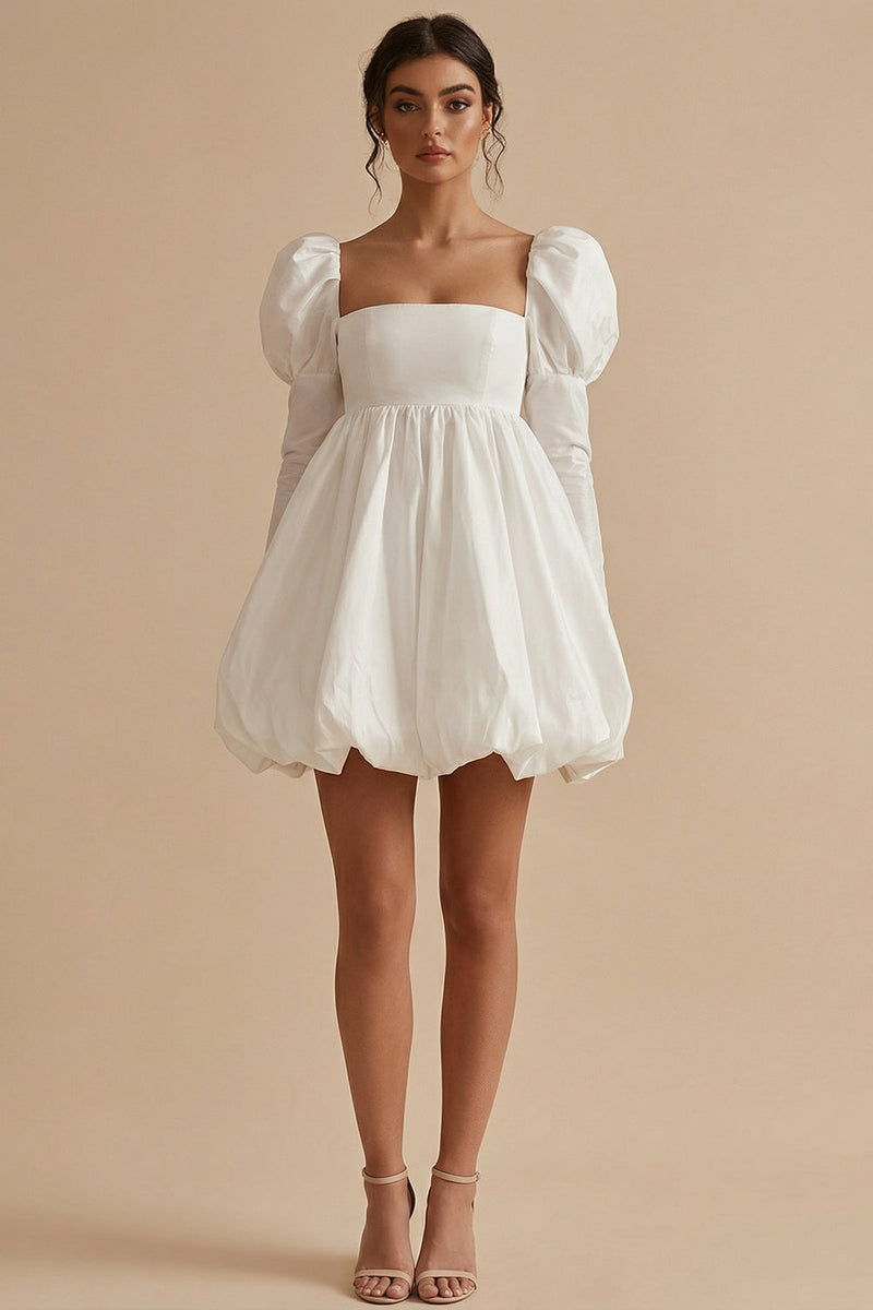 Load image into Gallery viewer, White Short Square Neck A Line Puff Sleeves Bubble Hem Graduation Dress
