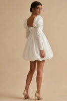 Load image into Gallery viewer, White Short Square Neck A Line Puff Sleeves Bubble Hem Graduation Dress