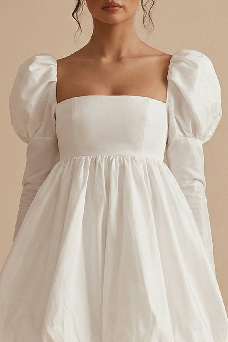 Load image into Gallery viewer, White Short Square Neck A Line Puff Sleeves Bubble Hem Graduation Dress
