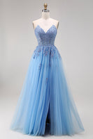 Load image into Gallery viewer, A Line Corset Floral Appliqued Blue Long Prom Dress with Slit