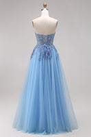 Load image into Gallery viewer, A Line Corset Floral Appliqued Blue Long Prom Dress with Slit