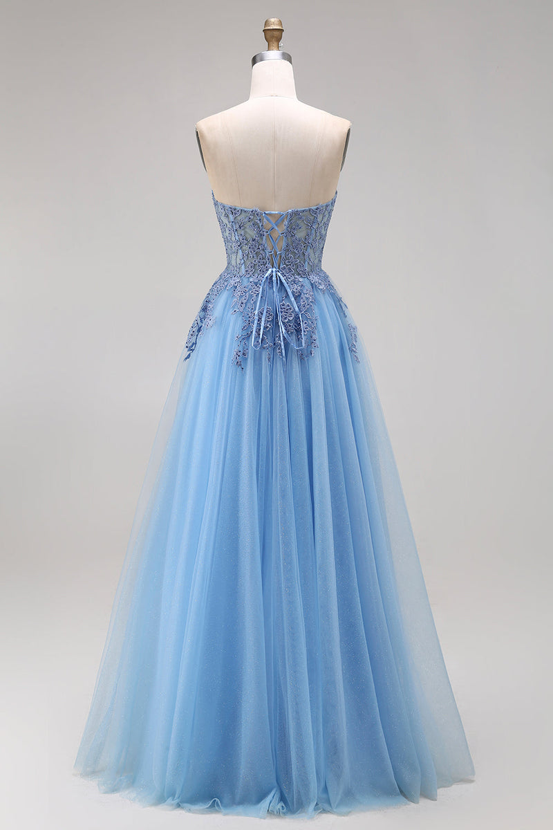 Load image into Gallery viewer, A Line Corset Floral Appliqued Blue Long Prom Dress with Slit