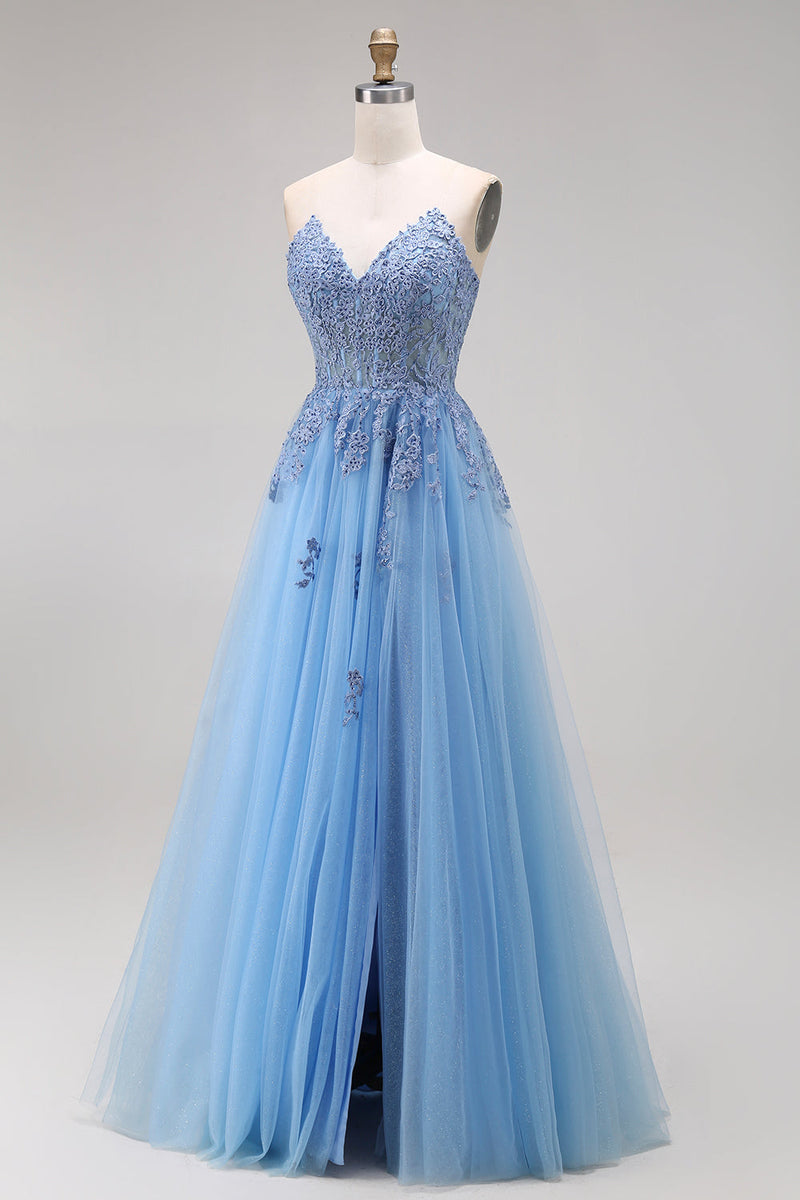 Load image into Gallery viewer, A Line Corset Floral Appliqued Blue Long Prom Dress with Slit