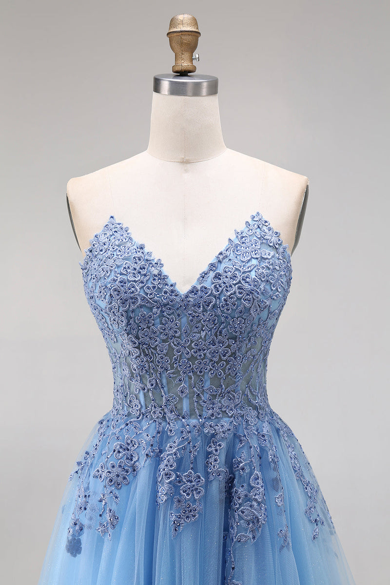 Load image into Gallery viewer, A Line Corset Floral Appliqued Blue Long Prom Dress with Slit