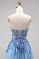 Load image into Gallery viewer, A Line Corset Floral Appliqued Blue Long Prom Dress with Slit