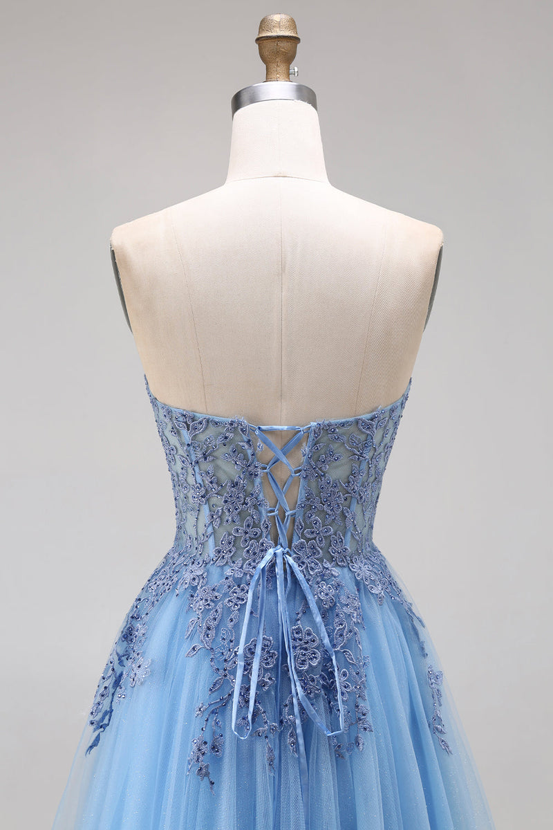 Load image into Gallery viewer, A Line Corset Floral Appliqued Blue Long Prom Dress with Slit