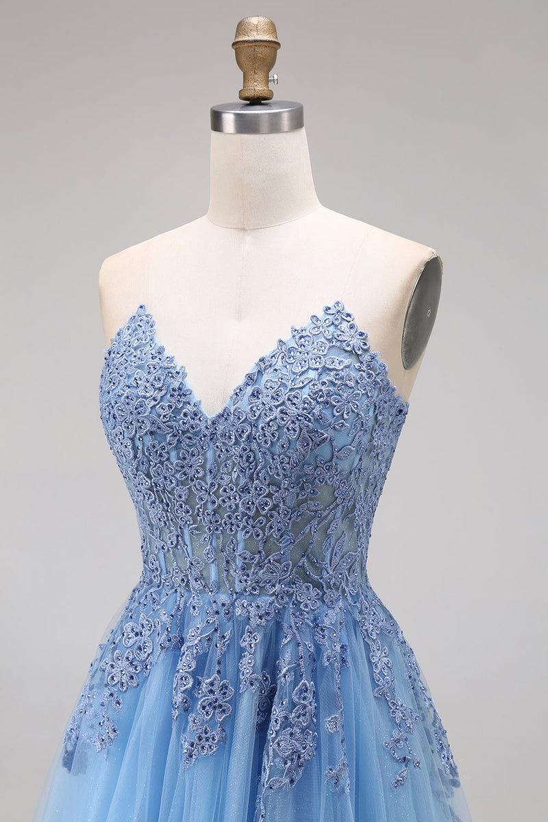 Load image into Gallery viewer, A Line Corset Floral Appliqued Blue Long Prom Dress with Slit