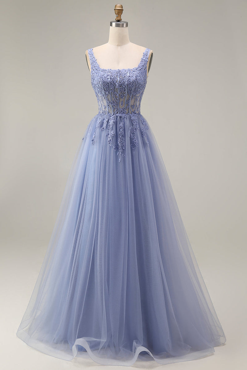 Load image into Gallery viewer, Corset A Line Dusty Lavender Appliqued Floral Long Prom Dress