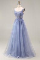 Load image into Gallery viewer, Corset A Line Dusty Lavender Appliqued Floral Long Prom Dress