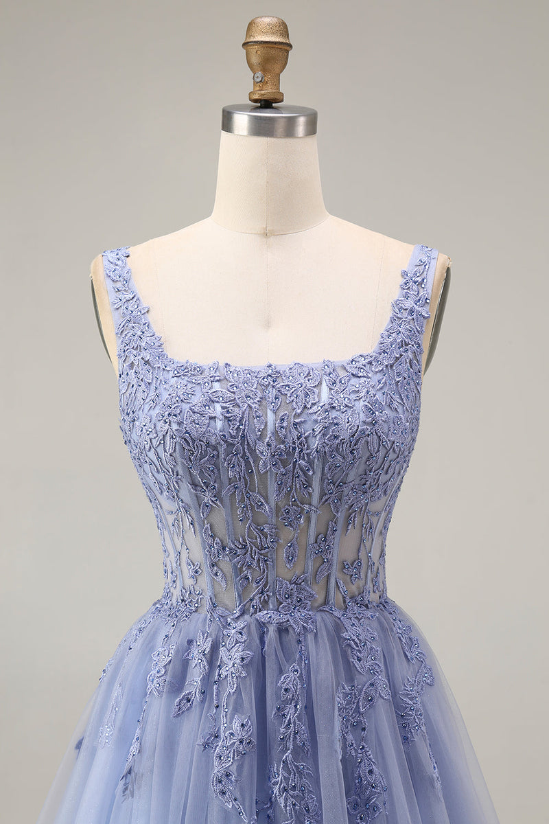 Load image into Gallery viewer, Corset A Line Dusty Lavender Appliqued Floral Long Prom Dress
