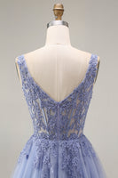 Load image into Gallery viewer, Corset A Line Dusty Lavender Appliqued Floral Long Prom Dress