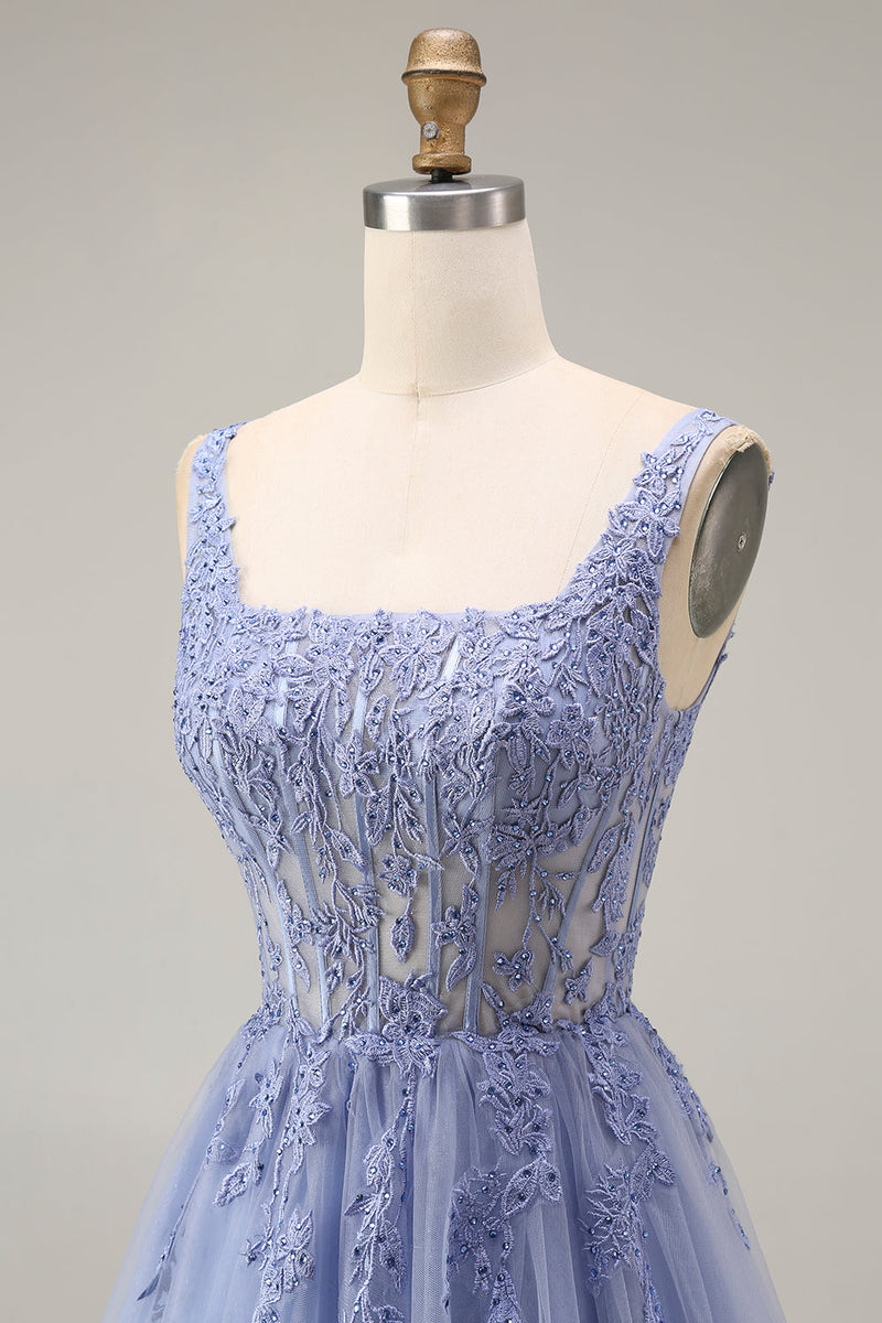 Load image into Gallery viewer, Corset A Line Dusty Lavender Appliqued Floral Long Prom Dress