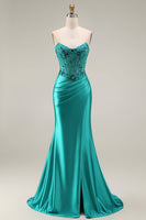 Load image into Gallery viewer, Peacock Floral Ruched Mermaid Corset Strapless Long Prom Dress with Slit