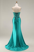 Load image into Gallery viewer, Peacock Floral Ruched Mermaid Corset Strapless Long Prom Dress with Slit