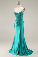 Load image into Gallery viewer, Peacock Floral Ruched Mermaid Corset Strapless Long Prom Dress with Slit