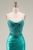 Load image into Gallery viewer, Peacock Floral Ruched Mermaid Corset Strapless Long Prom Dress with Slit