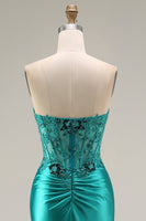 Load image into Gallery viewer, Peacock Floral Ruched Mermaid Corset Strapless Long Prom Dress with Slit