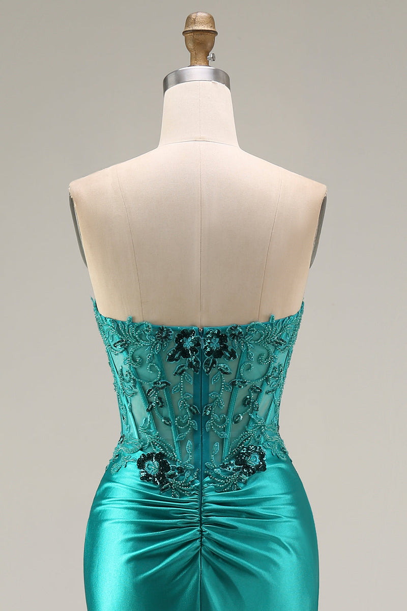 Load image into Gallery viewer, Peacock Floral Ruched Mermaid Corset Strapless Long Prom Dress with Slit