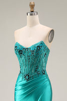 Load image into Gallery viewer, Peacock Floral Ruched Mermaid Corset Strapless Long Prom Dress with Slit