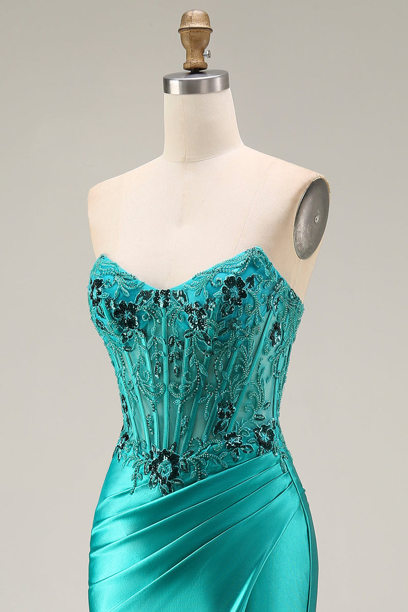 Load image into Gallery viewer, Peacock Floral Ruched Mermaid Corset Strapless Long Prom Dress with Slit