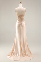 Load image into Gallery viewer, Corset Ruched Champagne Floral Mermaid Appliqued Long Prom Dress with Slit