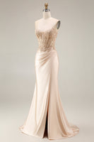 Load image into Gallery viewer, Corset Ruched Champagne Floral Mermaid Appliqued Long Prom Dress with Slit