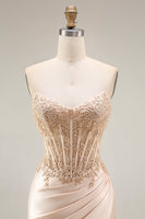 Load image into Gallery viewer, Corset Ruched Champagne Floral Mermaid Appliqued Long Prom Dress with Slit
