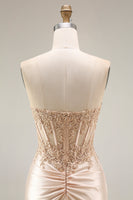 Load image into Gallery viewer, Corset Ruched Champagne Floral Mermaid Appliqued Long Prom Dress with Slit