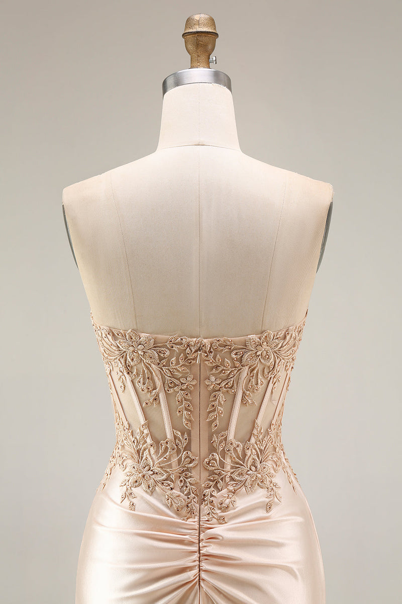 Load image into Gallery viewer, Corset Ruched Champagne Floral Mermaid Appliqued Long Prom Dress with Slit