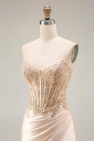 Load image into Gallery viewer, Corset Ruched Champagne Floral Mermaid Appliqued Long Prom Dress with Slit