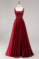Load image into Gallery viewer, Burgundy Corset Floral Square Neck A Line Long Prom Dress