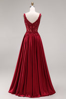 Load image into Gallery viewer, Burgundy Corset Floral Square Neck A Line Long Prom Dress