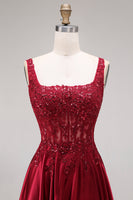 Load image into Gallery viewer, Burgundy Corset Floral Square Neck A Line Long Prom Dress
