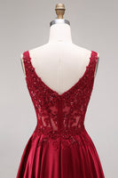 Load image into Gallery viewer, Burgundy Corset Floral Square Neck A Line Long Prom Dress