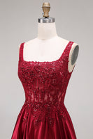 Load image into Gallery viewer, Burgundy Corset Floral Square Neck A Line Long Prom Dress