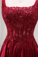 Load image into Gallery viewer, Burgundy Corset Floral Square Neck A Line Long Prom Dress