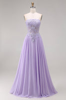Load image into Gallery viewer, Lilac Corset Strapless Appliqued A Line Floral Long Prom Dress