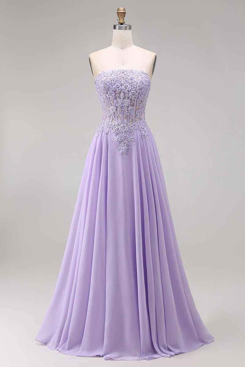Load image into Gallery viewer, Lilac Corset Strapless Appliqued A Line Floral Long Prom Dress