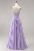 Load image into Gallery viewer, Lilac Corset Strapless Appliqued A Line Floral Long Prom Dress