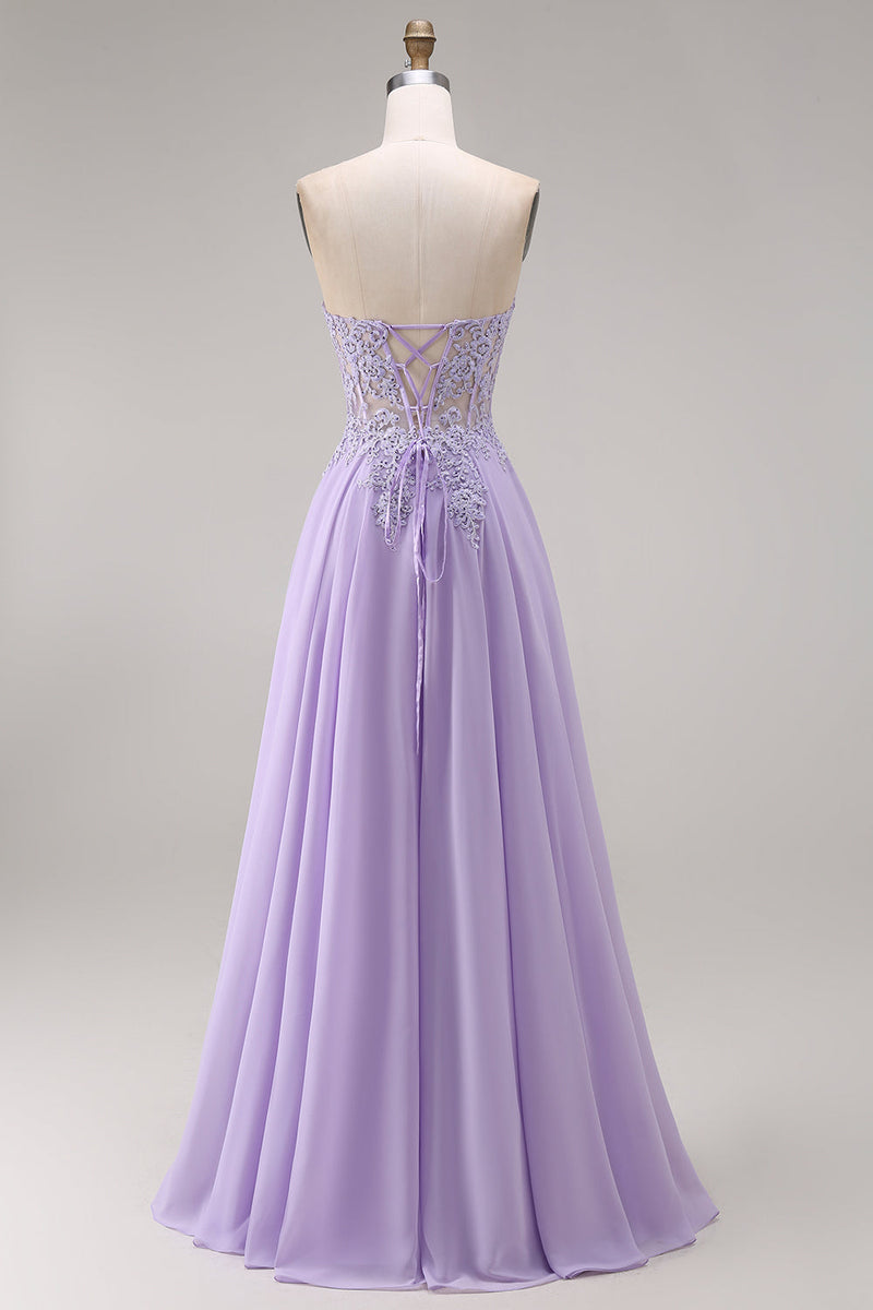 Load image into Gallery viewer, Lilac Corset Strapless Appliqued A Line Floral Long Prom Dress