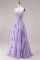 Load image into Gallery viewer, Lilac Corset Strapless Appliqued A Line Floral Long Prom Dress