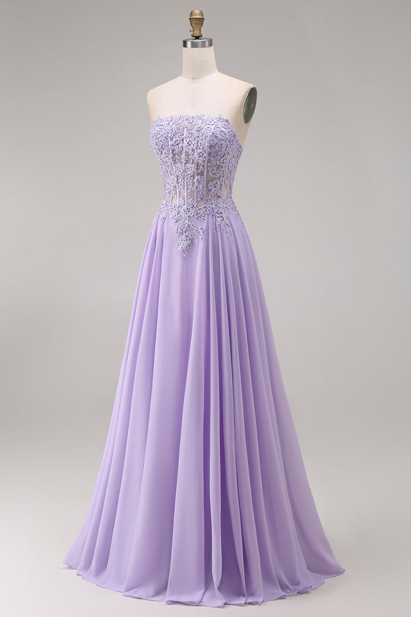 Load image into Gallery viewer, Lilac Corset Strapless Appliqued A Line Floral Long Prom Dress