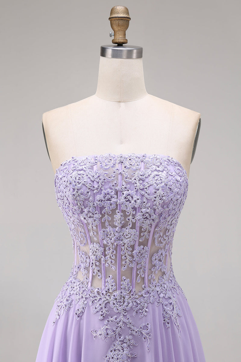 Load image into Gallery viewer, Lilac Corset Strapless Appliqued A Line Floral Long Prom Dress