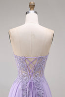 Load image into Gallery viewer, Lilac Corset Strapless Appliqued A Line Floral Long Prom Dress