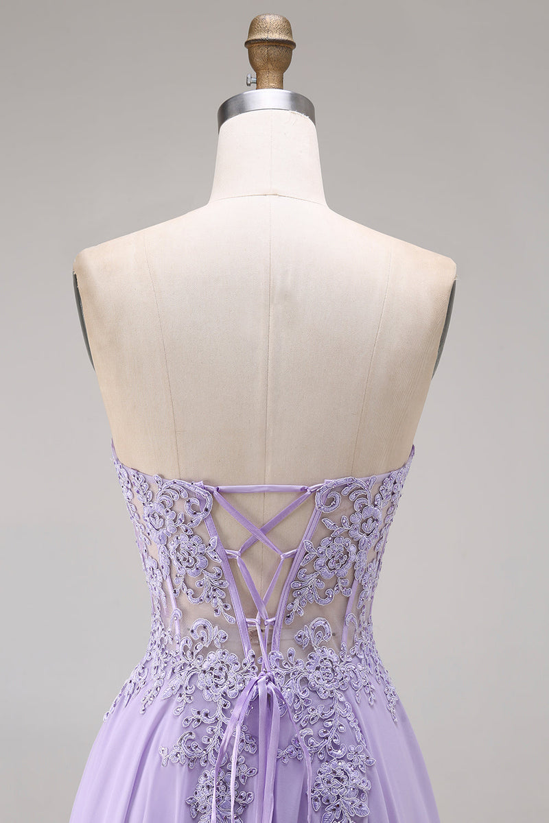 Load image into Gallery viewer, Lilac Corset Strapless Appliqued A Line Floral Long Prom Dress