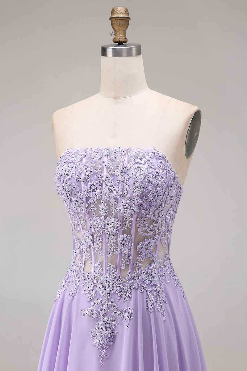 Load image into Gallery viewer, Lilac Corset Strapless Appliqued A Line Floral Long Prom Dress